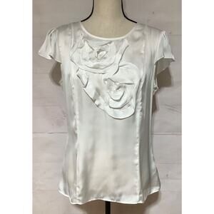 SPENSE Sz M white satin spiral flower flutter sleeve top shirt blouse